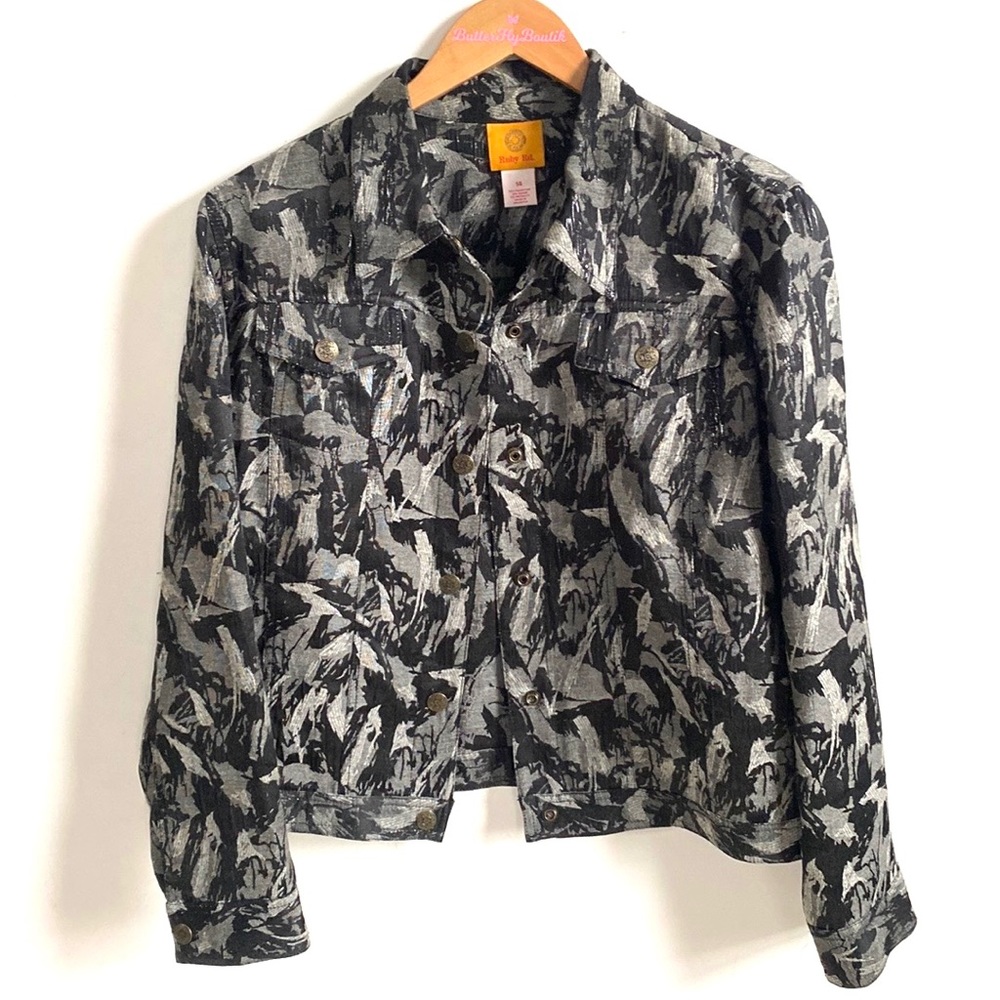 Ruby Rd. Graphic design printed black, white & gray long sleeve jacket, Size 14 - Picture 2 of 11